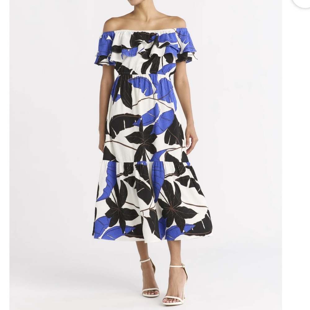 Sofia by Sofia Vergara blue black floral ruffle off shoulder maxi dress XXL NWT